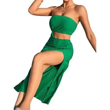 SweatyRocks Women's Strapless Bandeau Tube Split Cut Out Dress Sleeveless Maxi Dresses Dark Green XS