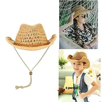 Straw Cowboy Hat Wide Brim Sun Cowgirl Summer Panama with Chin Strap Men Women Sombrero Travel Outdo...