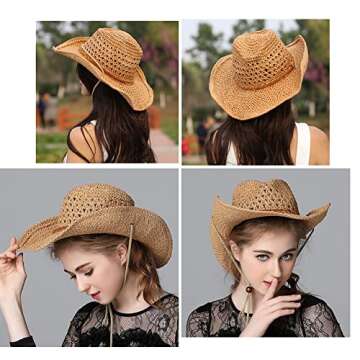 Straw Cowboy Hat Wide Brim Sun Cowgirl Summer Panama with Chin Strap Men Women Sombrero Travel Outdoor Family Khaki, One Size