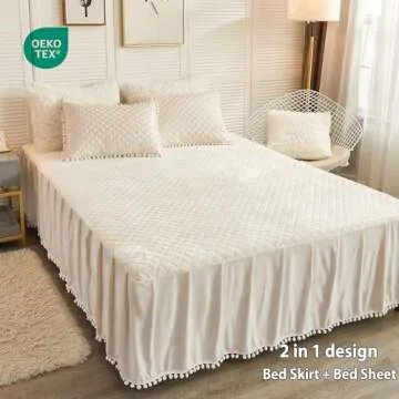 LIFEREVO Luxury Pom Poms Velvet Bed Skirt, Cream Velvet Wrap Around Bed Skirt, Diamond Quilted Fitte...
