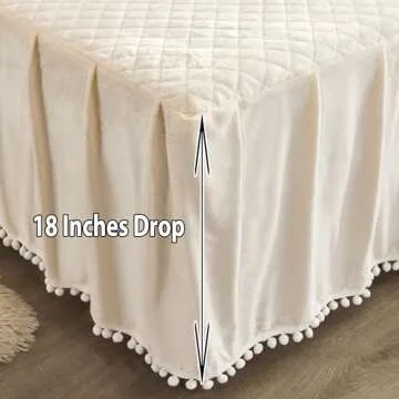 LIFEREVO Luxury Pom Poms Velvet Bed Skirt, Cream Velvet Wrap Around Bed Skirt, Diamond Quilted Fitted Bed Sheet with Bedskirt, 18 Inch Drop Dust Ruffle Decorative Bed Skirt Pompoms Fringe(King, Beige)