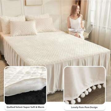 LIFEREVO Luxury Pom Poms Velvet Bed Skirt, Cream Velvet Wrap Around Bed Skirt, Diamond Quilted Fitted Bed Sheet with Bedskirt, 18 Inch Drop Dust Ruffle Decorative Bed Skirt Pompoms Fringe(King, Beige)