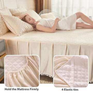 LIFEREVO Luxury Pom Poms Velvet Bed Skirt, Cream Velvet Wrap Around Bed Skirt, Diamond Quilted Fitted Bed Sheet with Bedskirt, 18 Inch Drop Dust Ruffle Decorative Bed Skirt Pompoms Fringe(King, Beige)