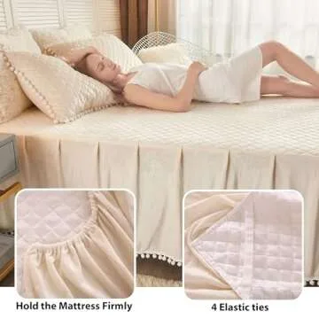 LIFEREVO Luxury Pom Poms Velvet Bed Skirt, Cream Velvet Wrap Around Bed Skirt, Diamond Quilted Fitted Bed Sheet with Bedskirt, 18 Inch Drop Dust Ruffle Decorative Bed Skirt Pompoms Fringe(King, Beige)