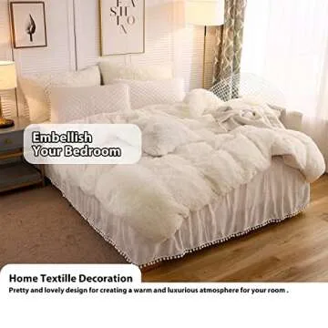 LIFEREVO Luxury Pom Poms Velvet Bed Skirt, Cream Velvet Wrap Around Bed Skirt, Diamond Quilted Fitted Bed Sheet with Bedskirt, 18 Inch Drop Dust Ruffle Decorative Bed Skirt Pompoms Fringe(King, Beige)