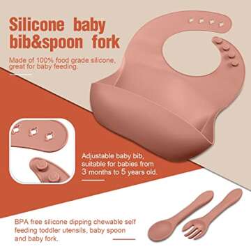 15 Pcs Baby Led Weaning Supplies, Silicone Baby Feeding Set, Suction Bowl Divided Plate with Suction Adjustable Bib Soft Spoon Fork, Infant Baby Toddler Self Eating Utensil (Beige, Orange, Light Gray)