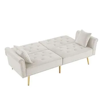 Bellemave Sofa Bed Futon Couch Convertible Sleeper Sofa with Nailhead Trim Modern Velvet Tufted Loveseat Sofa Folding Daybed with Adjustable Back & 2 Pillows for Small Spaces, Off White
