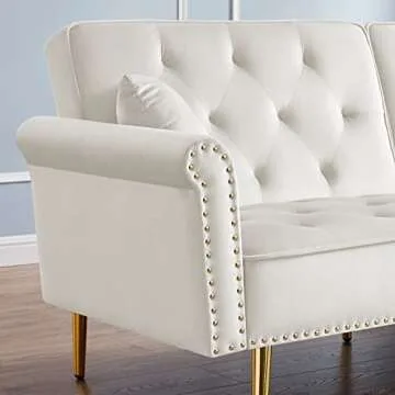 Bellemave Sofa Bed Futon Couch Convertible Sleeper Sofa with Nailhead Trim Modern Velvet Tufted Loveseat Sofa Folding Daybed with Adjustable Back & 2 Pillows for Small Spaces, Off White