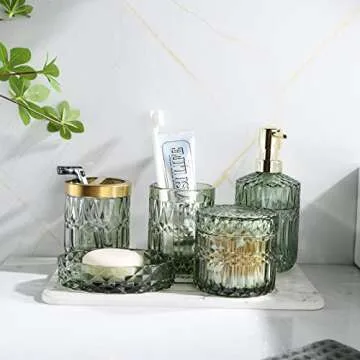 LaMarriti Green Bathroom Accessories Set, 5Pcs Clear Glass Bathroom Accessories, Hand Soap Dispenser, Soap Dish, Toothbrush Holder Set, Tumbler, Cotton Swab Jars, Modern Bath Decor, Gift Set