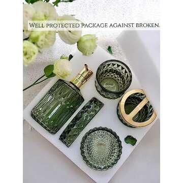 LaMarriti Green Bathroom Accessories Set, 5Pcs Clear Glass Bathroom Accessories, Hand Soap Dispenser, Soap Dish, Toothbrush Holder Set, Tumbler, Cotton Swab Jars, Modern Bath Decor, Gift Set