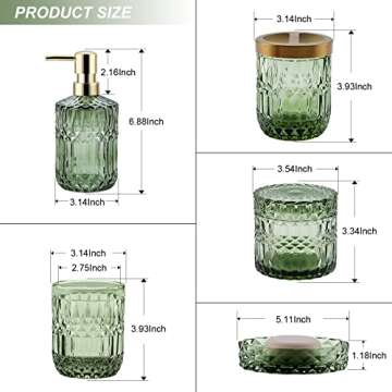 LaMarriti Green Bathroom Accessories Set, 5Pcs Clear Glass Bathroom Accessories, Hand Soap Dispenser, Soap Dish, Toothbrush Holder Set, Tumbler, Cotton Swab Jars, Modern Bath Decor, Gift Set