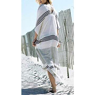 Stylish Deep V-Neck Design Long Beach Top/Swimsuit Cover Up, Stripe