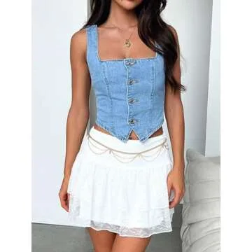Sunloudy Women Denim Push Up Bustier Tube Top Strapless Button Up Corset Off Shoulder Crop Top Streetwear(Denim Blue b,S)