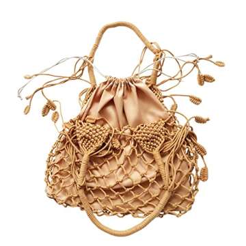 Nice Pies Women's Beach Straw Handbag Woven Tote Fishing Net Beach Bag Large Capacity Mesh Rope Combination Handbag (B)
