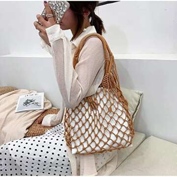 Nice Pies Women's Beach Straw Handbag Woven Tote Fishing Net Beach Bag Large Capacity Mesh Rope Combination Handbag (B)