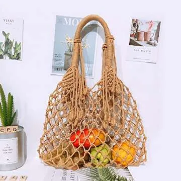 Nice Pies Women's Beach Straw Handbag Woven Tote Fishing Net Beach Bag Large Capacity Mesh Rope Combination Handbag (B)