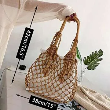 Nice Pies Women's Beach Straw Handbag Woven Tote Fishing Net Beach Bag Large Capacity Mesh Rope Combination Handbag (B)