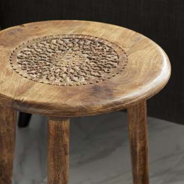 Deco 79 Mango Wood Floral Handmade Side End Accent Table Intricately Carved End Table with Tripod Legs, Side Table 17" x 17" x 22", Dark Brown