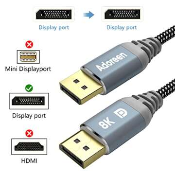 8K DisplayPort 1.4 Cable 10 Feet/2 Pack,Adoreen DP Cord(From 1.5-30FT)8K@60Hz 4K@144Hz 2K 1080P@240Hz 32.4Gbps HBR3 HDCP HDR,FreeSync G-Sync,Braided Display Port for Monitor Graphics+ 5 Ties-NOT HDMI