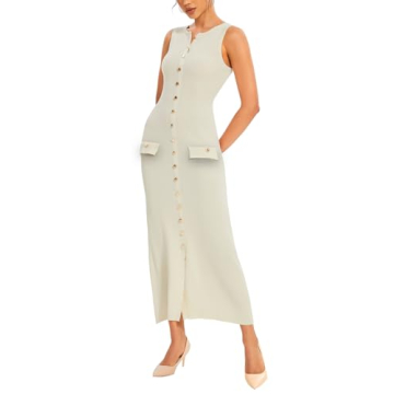 BQDCQB Womens Knit Maxi Dress Sleeveless Bodycon Ribbed Long Tank Dresses Elegant Button Down Workwe...