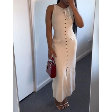 BQDCQB Womens Knit Maxi Dress Sleeveless Bodycon Ribbed Long Tank Dresses Elegant Button Down Workwear Dress(Apricot-M)