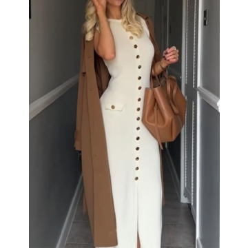 BQDCQB Womens Knit Maxi Dress Sleeveless Bodycon Ribbed Long Tank Dresses Elegant Button Down Workwear Dress(Apricot-M)