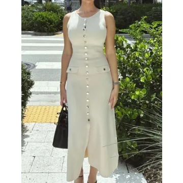 BQDCQB Womens Knit Maxi Dress Sleeveless Bodycon Ribbed Long Tank Dresses Elegant Button Down Workwear Dress(Apricot-M)