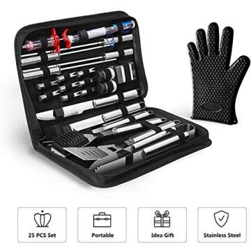 OlarHike Grilling Accessories BBQ Grill Tools Set, 25PCS Stainless Steel Grilling Kit for Smoker, Camping, Kitchen, Barbecue Utensil Gifts for Men Women with Thermometer and Meat Injector