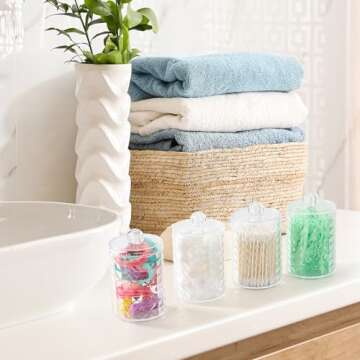 Tbestmax 4 Pack Qtip Holder Dispenser for Cotton Ball, Cotton Swab, Cotton Round Pads, Floss Picks - 10 oz Clear Plastic Apothecary Jar for Bathroom Canister Storage Organization