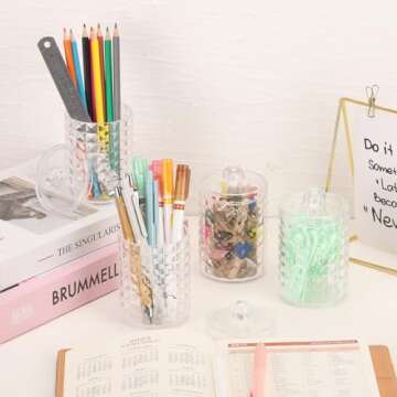 Tbestmax 4 Pack Qtip Holder Dispenser for Cotton Ball, Cotton Swab, Cotton Round Pads, Floss Picks - 10 oz Clear Plastic Apothecary Jar for Bathroom Canister Storage Organization