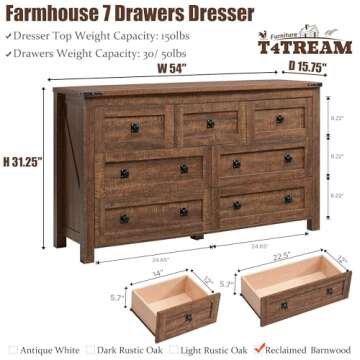 T4TREAM Rustic 7 Drawers Dresser - Versatile TV Stand & Organizer