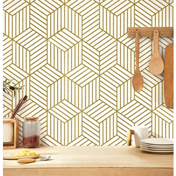 Geometric Wallpaper Peel and Stick Wallpaper Removable Self Adhesive Wall paper White/Gold Striped H...