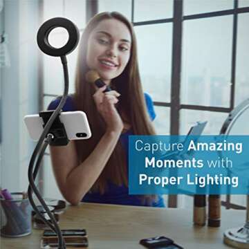 Macally Selfie Ring Light Phone Holder - Create The Ideal Setting - 3.5" Clip Ring Light with Phone Holder for Video Recording, Flexible Goosenecks, Adjustable Lighting (3 Modes|10 Brightness Levels)