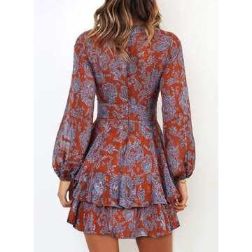 Dokotoo Womens Junior Casual Summer Beach Spring Ruffle Elegant Floral Long Sleeve Tie Knot V Neck Cute Chiffon Boho Beach Hawaiian Tunic Swing A Line Mini Short Skater Dresses for Women 2024 Red S