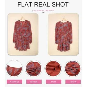 Dokotoo Womens Junior Casual Summer Beach Spring Ruffle Elegant Floral Long Sleeve Tie Knot V Neck Cute Chiffon Boho Beach Hawaiian Tunic Swing A Line Mini Short Skater Dresses for Women 2024 Red S