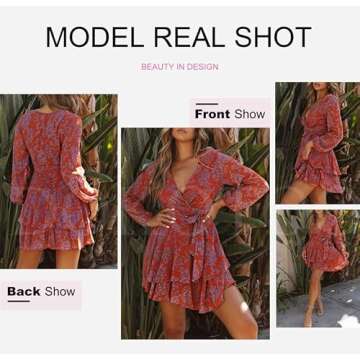 Dokotoo Womens Junior Casual Summer Beach Spring Ruffle Elegant Floral Long Sleeve Tie Knot V Neck Cute Chiffon Boho Beach Hawaiian Tunic Swing A Line Mini Short Skater Dresses for Women 2024 Red S