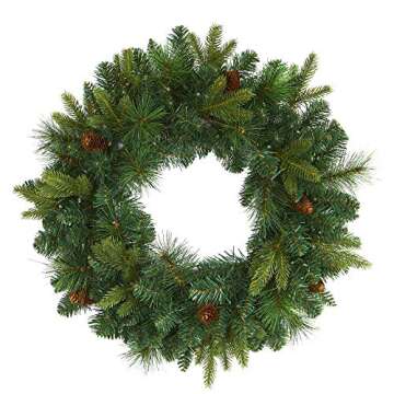 Nearly Natural 24in. Mixed Pine Artificial Christmas Wreath with 35 Clear LED Lights and Pinecones