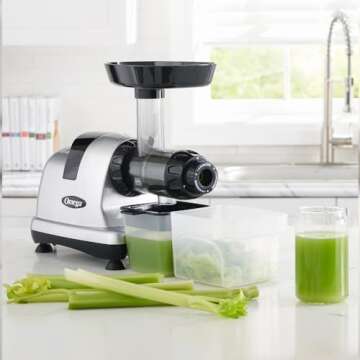 Omega Masticating Juicer, Cold Press Juicer Machine For Celery with Adjustable Dial, 200-Watts, Silver