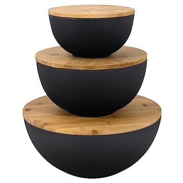 Bremel Large Black Salad Bowls with Bamboo Lids - Set of 3 Melamine Mixing Bowls for Serving Salads, Pastas, Popcorn, Chips