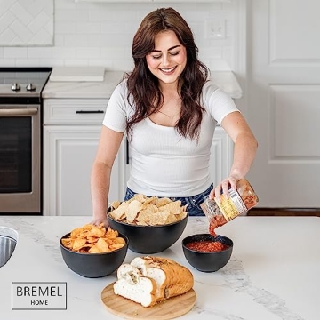 Bremel Large Black Salad Bowls with Bamboo Lids - Set of 3 Melamine Mixing Bowls for Serving Salads, Pastas, Popcorn, Chips