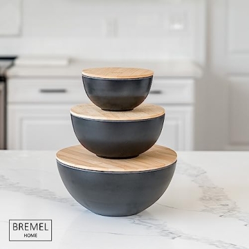 Bremel Large Black Salad Bowls with Bamboo Lids - Set of 3 Melamine Mixing Bowls for Serving Salads, Pastas, Popcorn, Chips