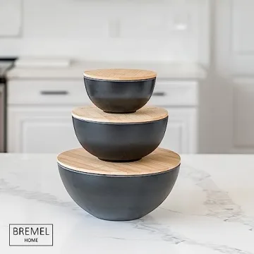 Bremel Large Black Salad Bowls with Bamboo Lids - Set of 3 Melamine Mixing Bowls for Serving Salads, Pastas, Popcorn, Chips