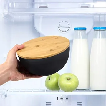 Bremel Large Black Salad Bowls with Bamboo Lids - Set of 3 Melamine Mixing Bowls for Serving Salads, Pastas, Popcorn, Chips