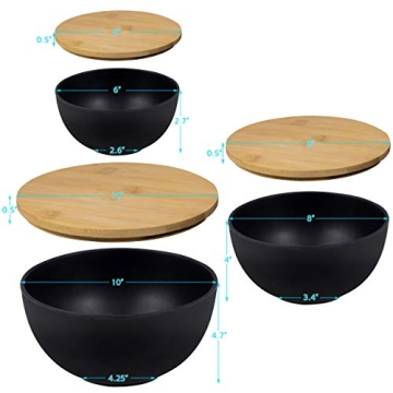 Bremel Large Black Salad Bowls with Bamboo Lids - Set of 3 Melamine Mixing Bowls for Serving Salads, Pastas, Popcorn, Chips