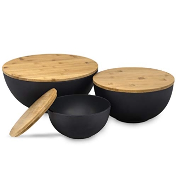 Bremel Large Black Salad Bowls with Bamboo Lids - Set of 3 Melamine Mixing Bowls for Serving Salads, Pastas, Popcorn, Chips