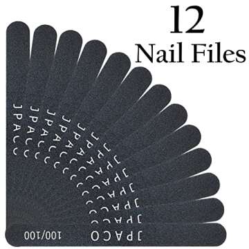12-Pack Professional Nail Files: Double-Sided 100/180 Grit Emery Boards for Natural, Acrylic, Poly, and Gel Nails - Washable Black Manicure Tools Set by JPACO
