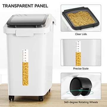 YITAHOME 50L/90lb Large Ingredient Flour Storage Bin, Commercial 11.4-Gallon Rice Storage Container 280 Cups Bulk Flour storage Bins with Wheels,Scoop,Lid and scale, Rice Bin for Kitchen, White