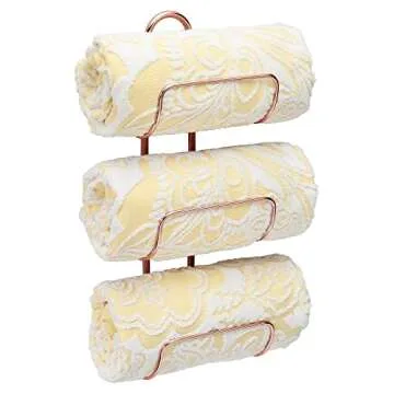 mDesign Modern Decorative Metal 3-Level Wall Mount Towel Rack Holder and Organizer for Storage of Bathroom Towels, Washcloths, Hand Towels - Rose Gold