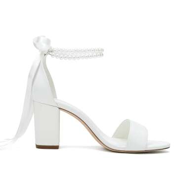 Women's Block Heel Wedding Shoes for Bride Open Toe Chunky Heeled Sandals Pearl Bridal Pumps Shoes Ivory US5