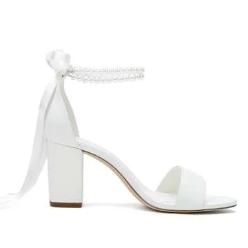 Women's Block Heel Wedding Shoes for Bride Open Toe Chunky Heeled Sandals Pearl Bridal Pumps Shoes Ivory US5